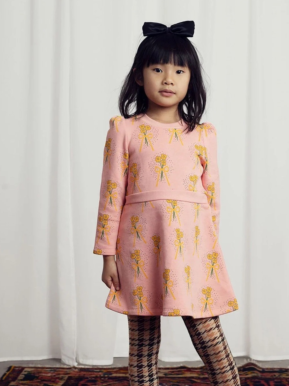 Mini Rodini Winter Flowers Pink Yellow Floral Bow Sweat Dress 3-5 Years Cotton